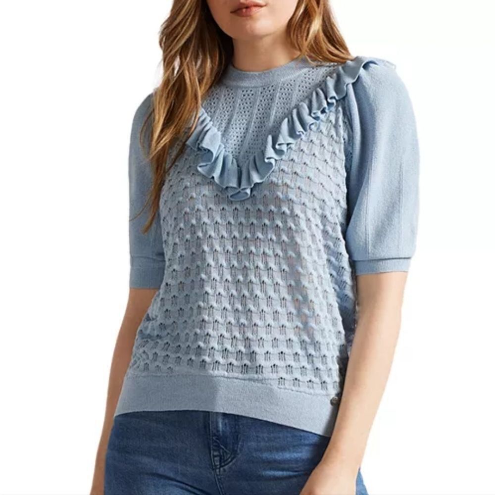Ted Baker -345 Bernise Pontielle Ruffled Knit Top Light Blue Sz 4 Women's US 10